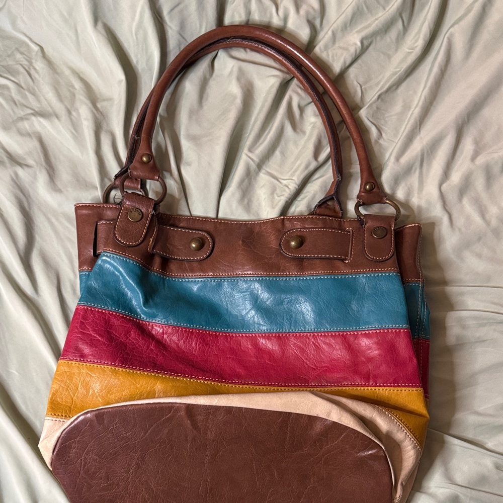 Multi-Color Faux Leather Stripe Tote Bag